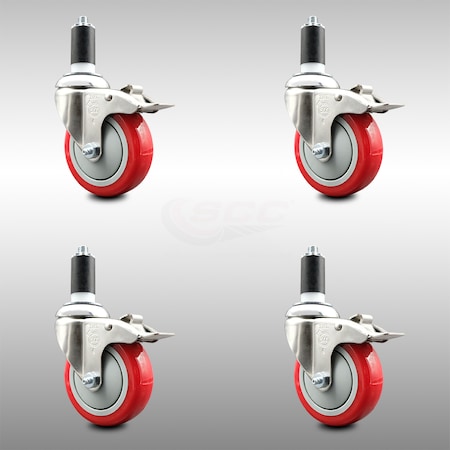 Service Caster 4 Inch 316SS Red Poly Swivel 1-1/4 Inch Expanding Stem Caster Set Lock Brake SCC-SS316TTLEX20S414-PPUB-RED-114-4
